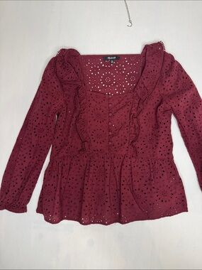 Madewell Wine Eyelet Ruffle Peplum Blouse